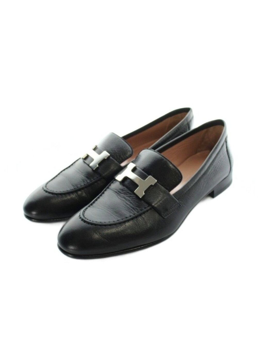 Hermes Moccasins Paris Loafers Leather Logo Black